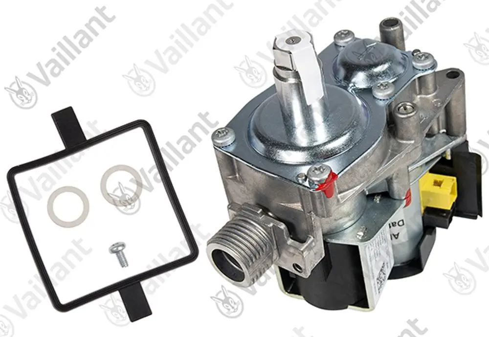 Vaillant Gasarmatur mit Druckregler, ausgestattet mit Anschlussstück, Dichtungen und Schraube, auf einheitlichem Hintergrund.